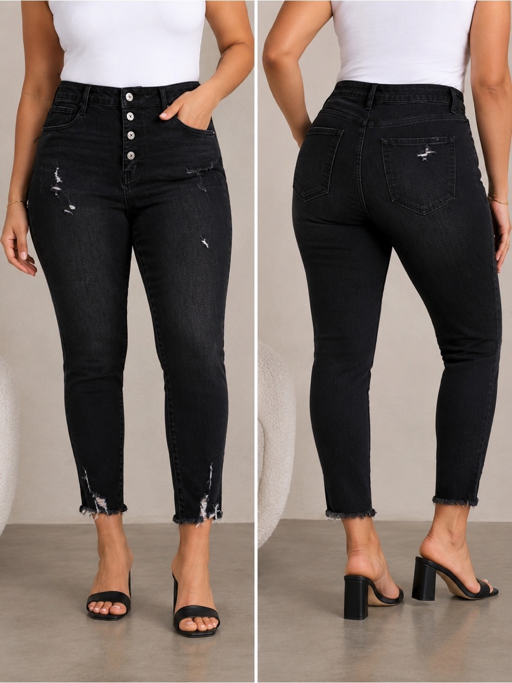 RISEN High Waist Button Fly Distressed Ankle Skinny Jeans Black